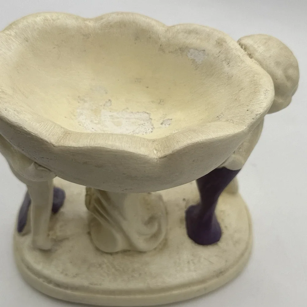 Vintage Plaster Chalkware Cherub Angel‎ Soap Dish Jewelry Trinket Pedestal Bowl